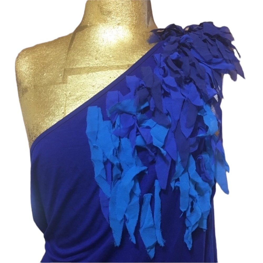 Trina Turk size large shades of blue one shoulder top,sheer feathered details